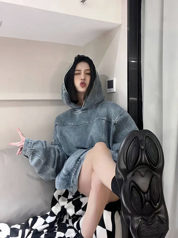 Getadme-Denim Hoodies Sweater Women's New Autumn And Winter Loose Long-sleeved Coat Trend Y2k Style Women's Denim Jacket